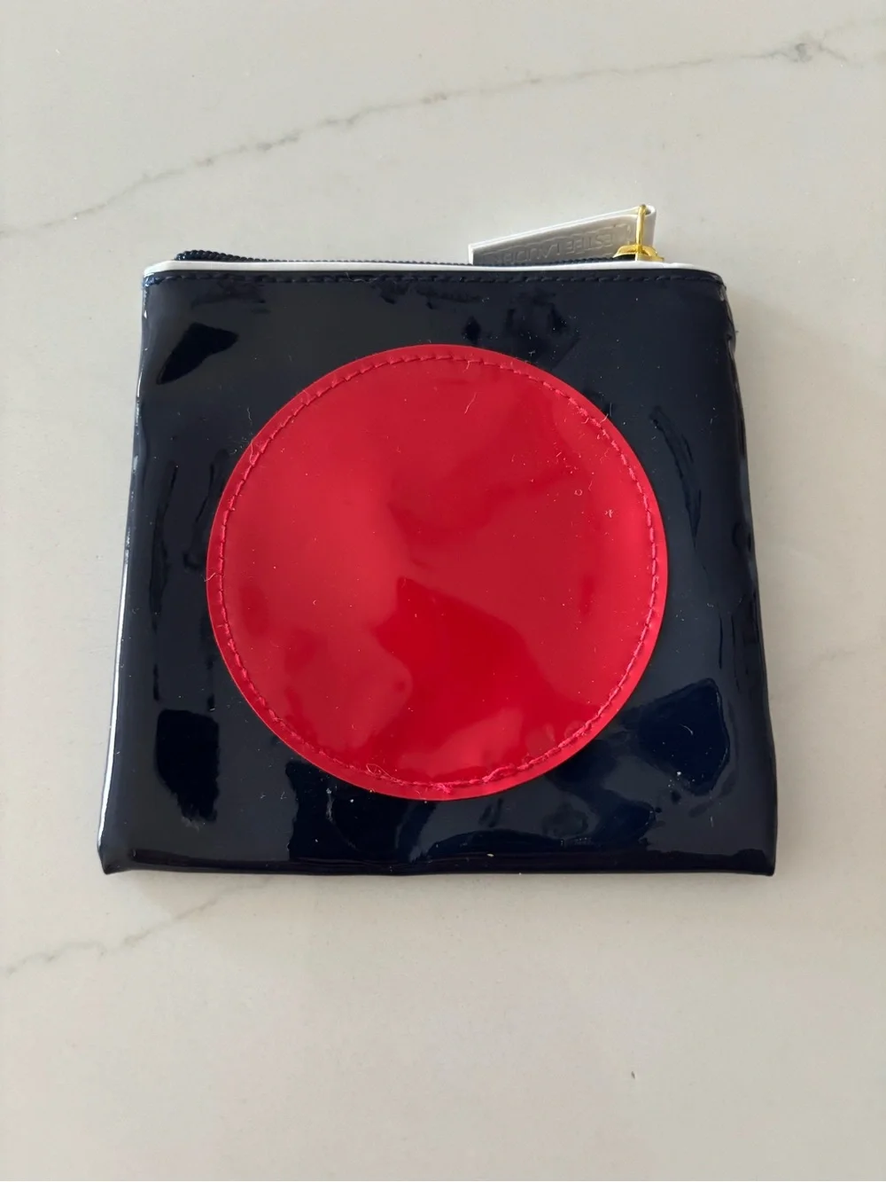 Estee Lauder Blue Patent Cosmetic Pouch with Red Circle